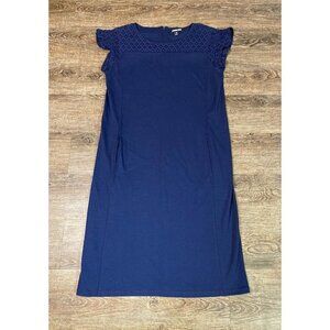 Lands End Shift Dress Crochet Cap Sleeve with Pockets Navy Blue Size 10